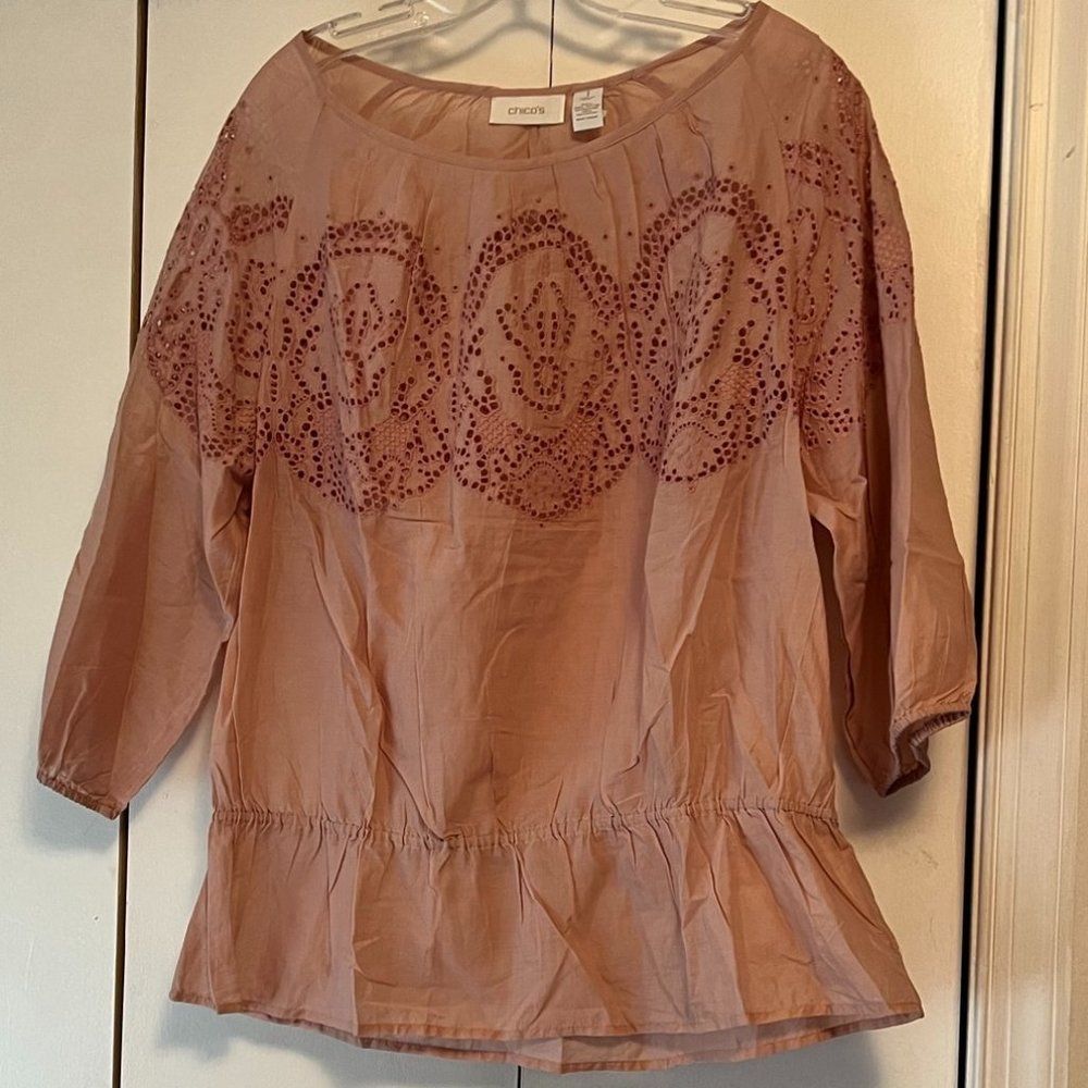Chico's Dusty Pink Blouse w/Cutouts, Elastic Waist - Size 1